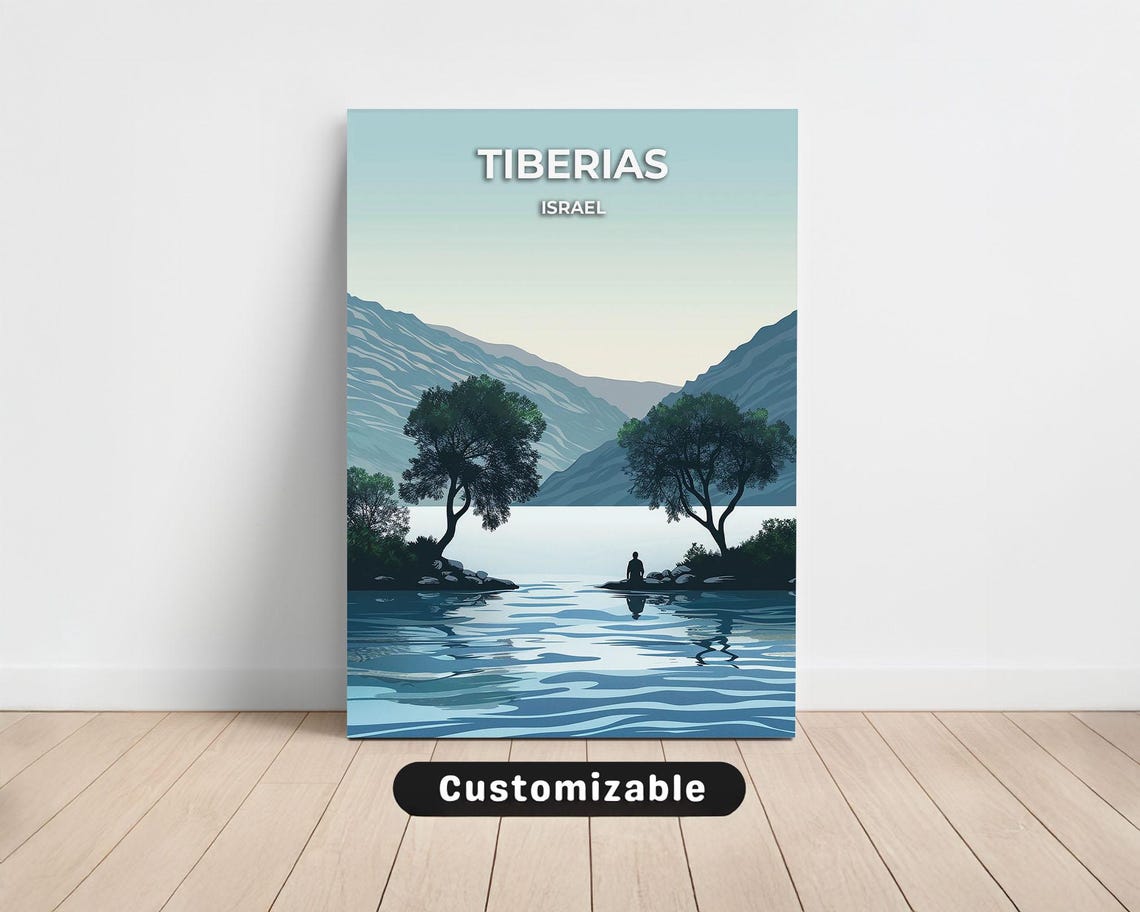 Tiberias Israel Fisherman On Calm Water Between Trees Travel Poster