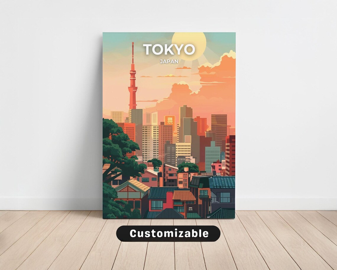 Tokyo Japan Skytree Sunset City Skyline Vintage Travel Poster