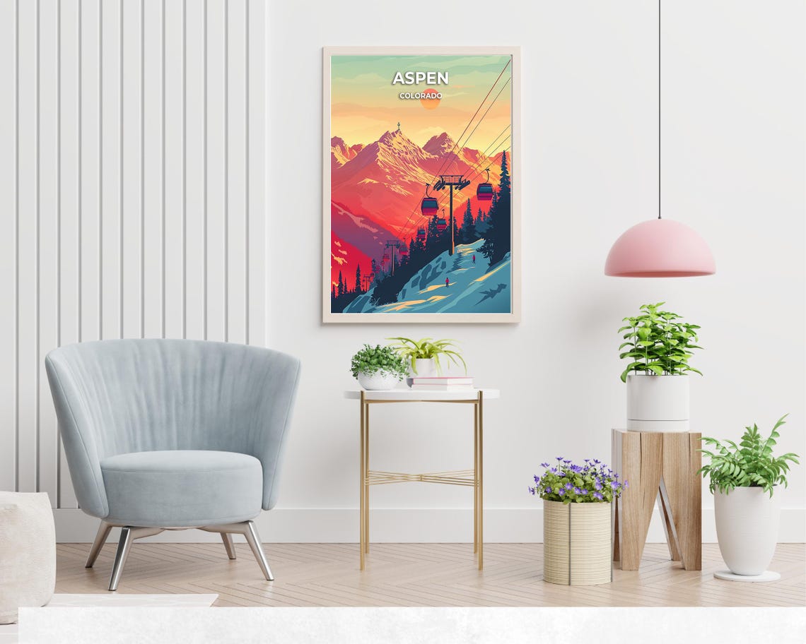 Aspen Colorado Sunset Gondolas Mountain Peaks Ski Travel Poster - Image 2