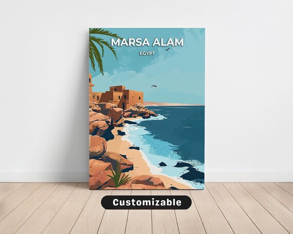 Marsa Alam Egypt Sandy Beach Rocky Cliffs Vintage Travel Poster