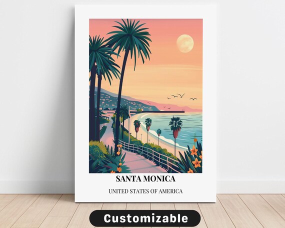 Santa Monica Beach Path Moonlit Palms Vintage Travel Art Poster