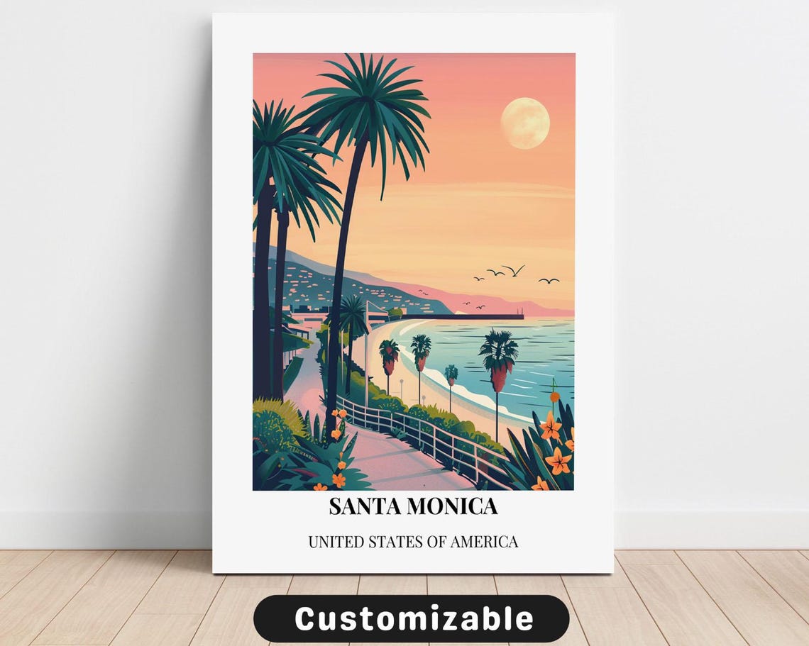 Santa Monica Beach Path Moonlit Palms Vintage Travel Art Poster