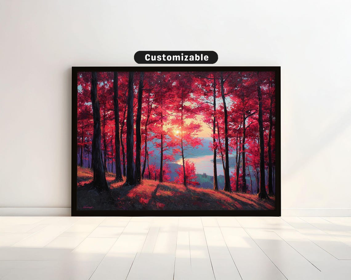 Crimson Maple Forest Sunset Lakeside Oil Painting Autumn Poster