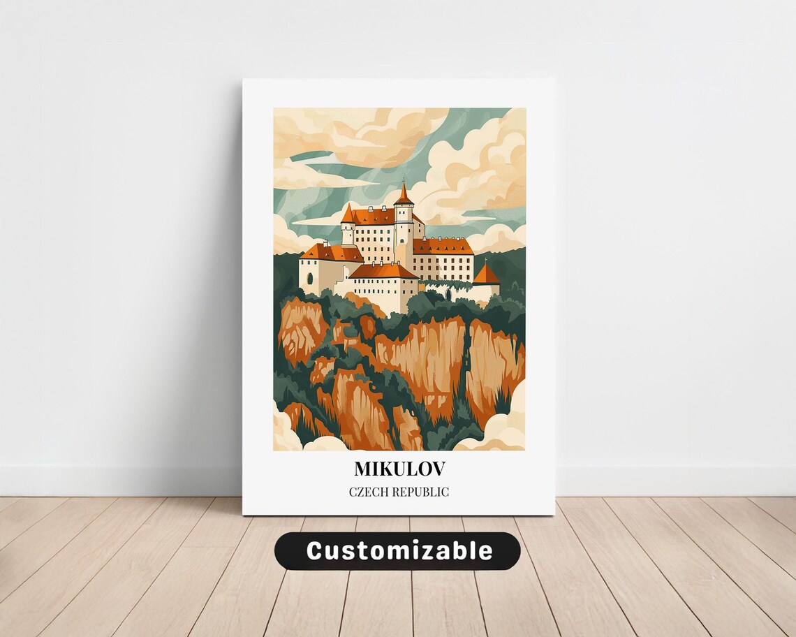 Mikulov Czech Republic Red Cliff Castle Vintage Travel Poster