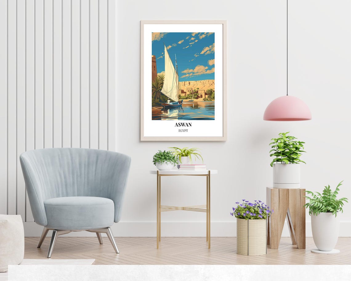 Aswan Egypt Felucca Sailboat Nile River Cliffs Travel Poster - Image 2