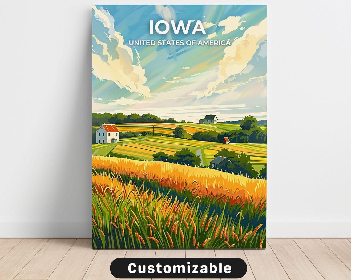 Iowa Farmland Wheat Fields Customizable Vintage Travel Poster