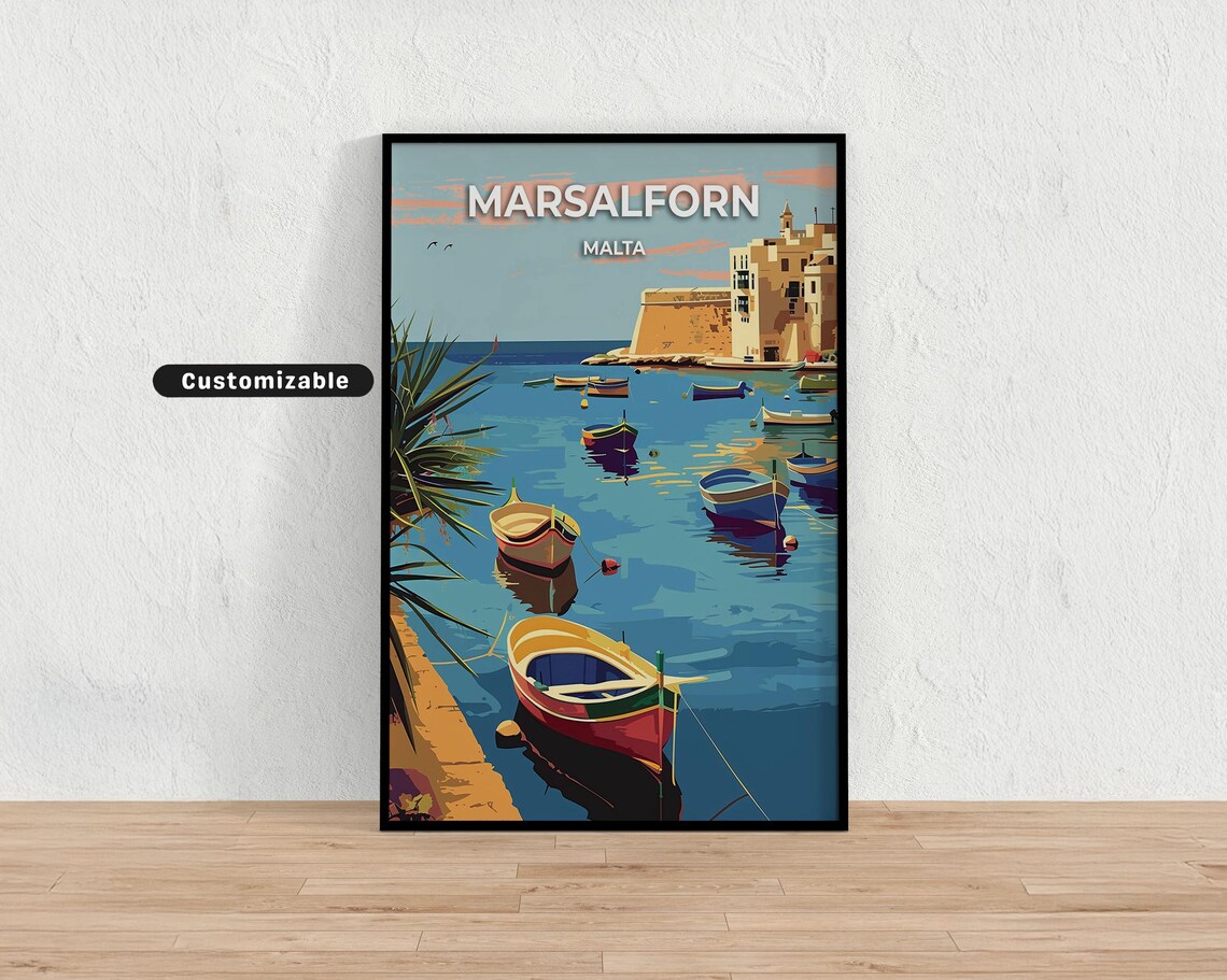 Marsalforn Malta Fishing Boats Harbor Golden Light Travel Poster