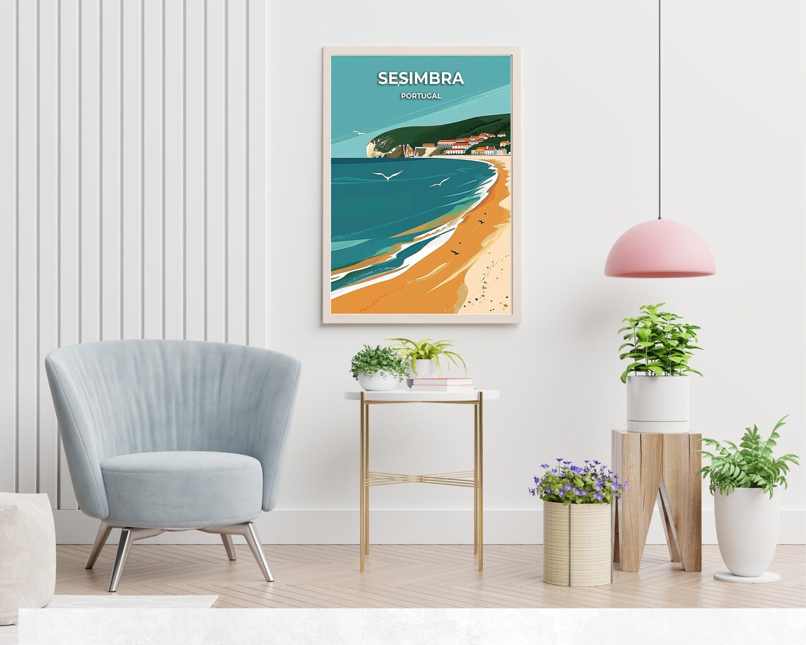 Sesimbra Portugal Golden Beach Cliffs and Village Coast Travel Poster - Image 2