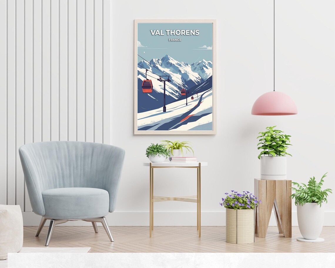 Val Thorens France Red Gondola Cable Cars High Alpine Ski Poster - Image 2