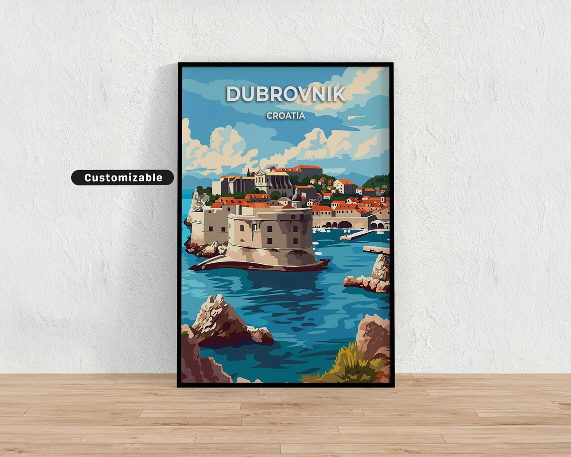 Dubrovnik Croatia Old Town Walls Fort Sunset Sea Travel Poster