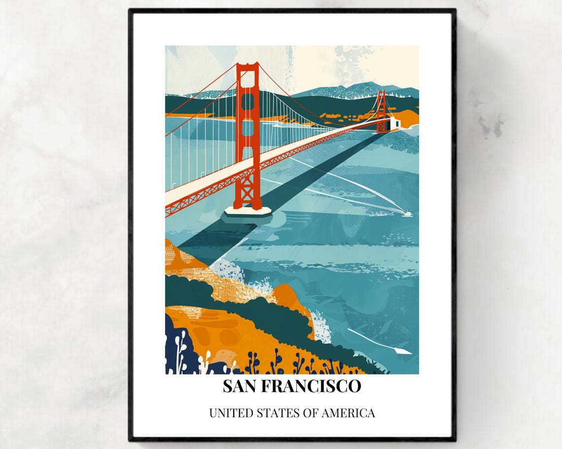 San Francisco Golden Gate Bridge Sunset Bay Vintage Travel Poster