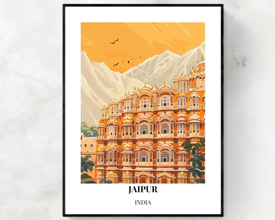 Jaipur India Hawa Mahal Golden Sunset Mountains Scenic Travel Poster