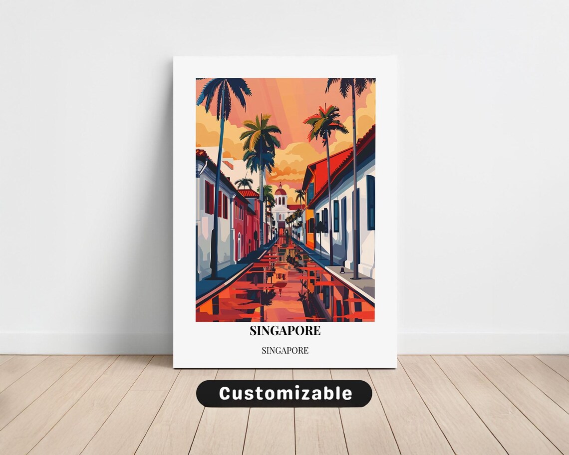 Singapore Travel Poster Palm Lined Street Sunset Minimalist Art