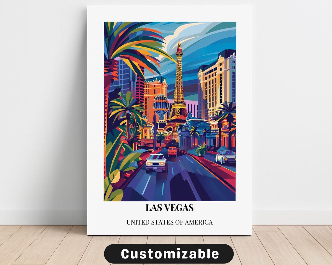 Las Vegas Strip Eiffel Tower Replica Night City Travel Poster