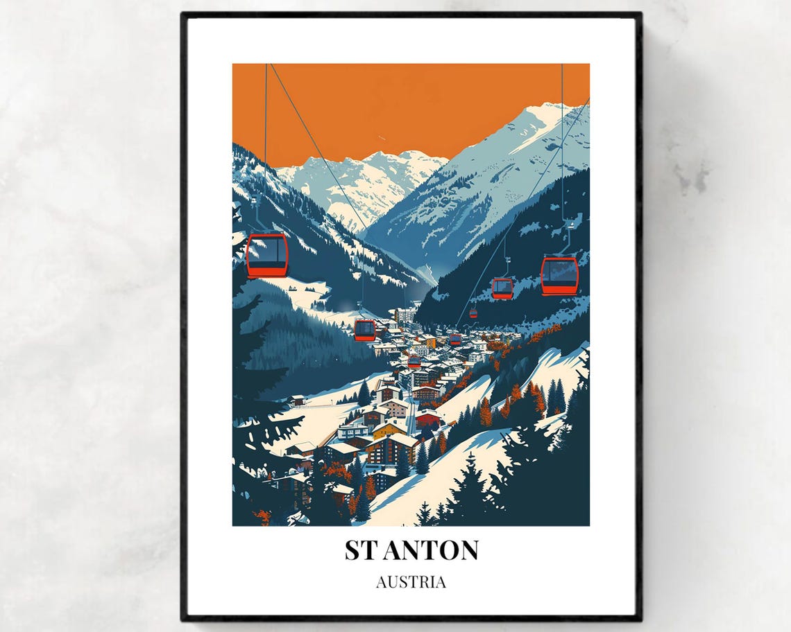 St Anton Austria Ski Gondolas Snowy Valley Sunset Alpine Poster