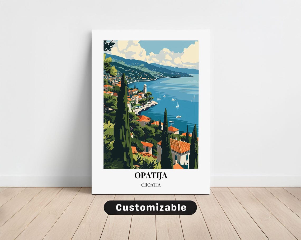 Opatija Croatia Retro Coastal Town Travel Illustration Poster