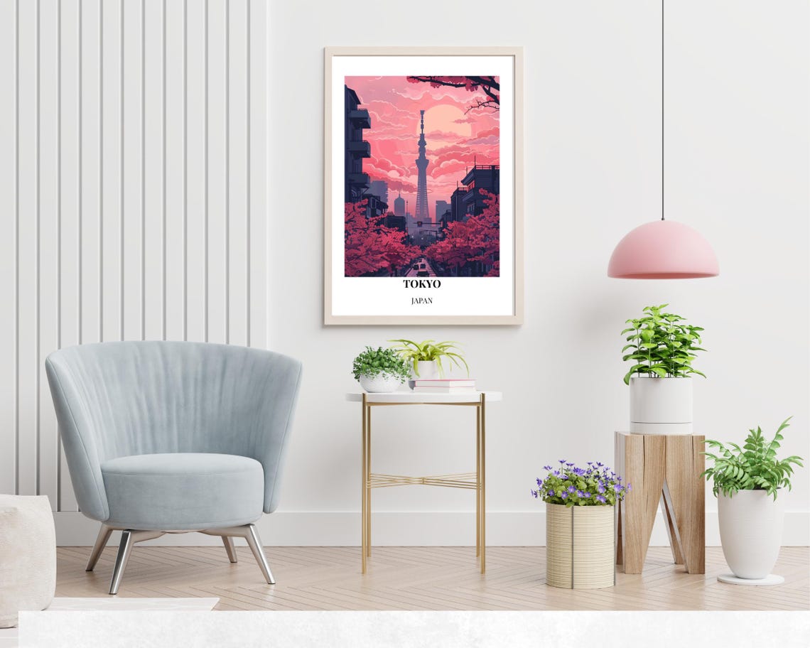 Tokyo Japan Skytree Sunset Cherry Blossom Pink Sky Travel Poster