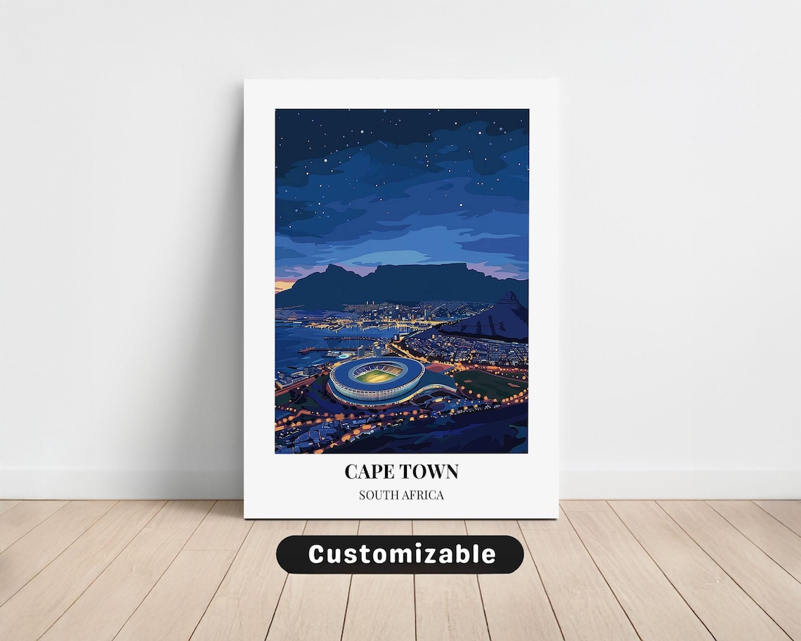Cape Town South Africa Stadium Night Skyline Vintage Travel Poster