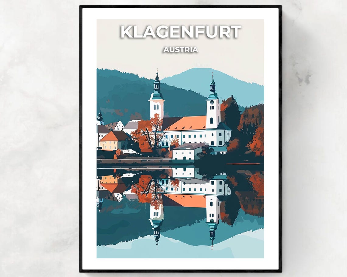 Klagenfurt Austria Lakeside Monastery Reflection Scene Poster