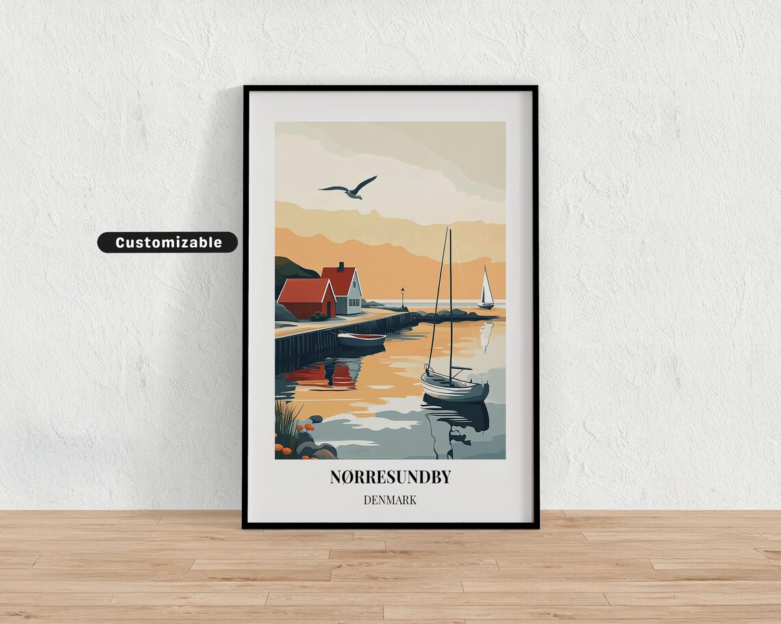 Norresundby Denmark Harbor Red Boathouses Sailboats Travel Poster