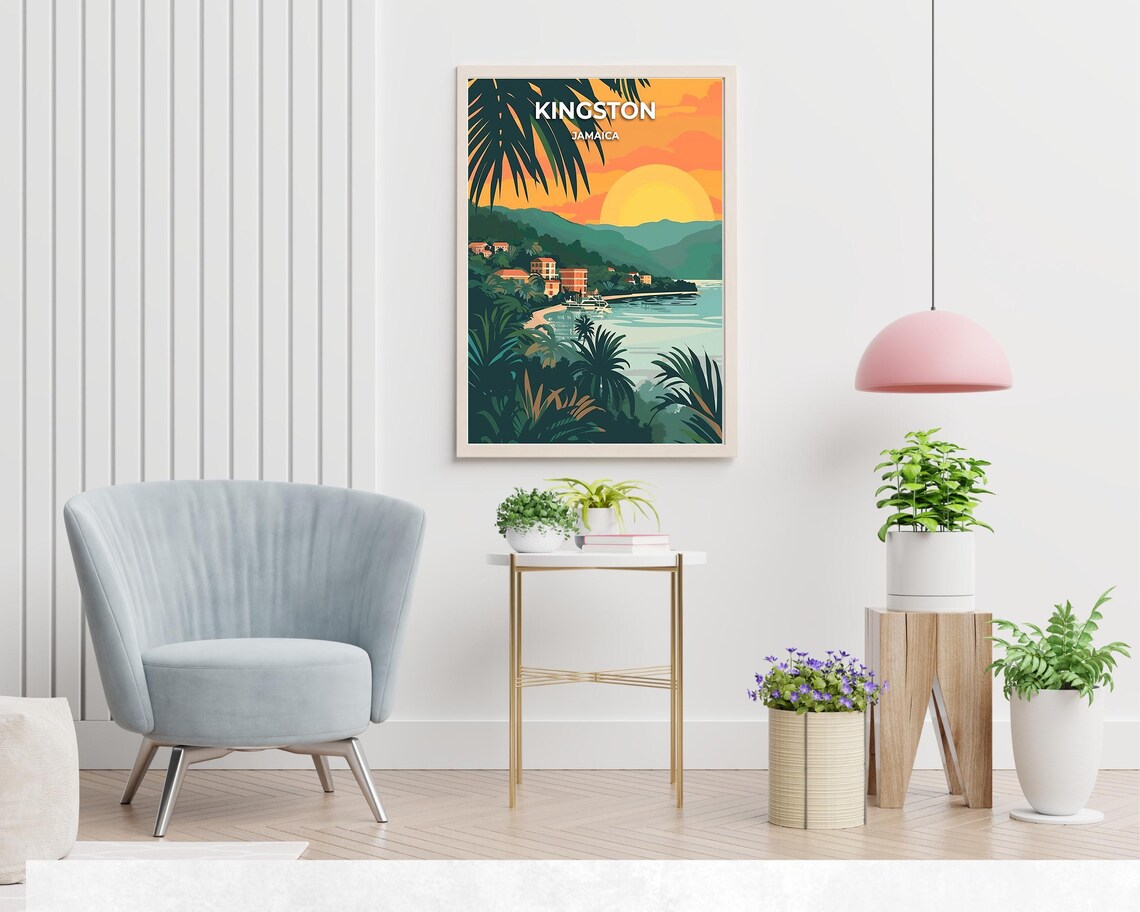 Kingston Jamaica Golden Sunset Glow Over Hillside Coast Poster - Image 2