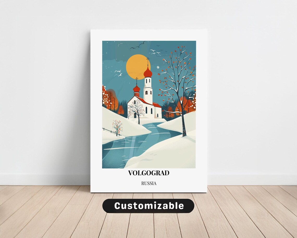 Volgograd Russia Snowy Church Onion Domes Moon Travel Poster