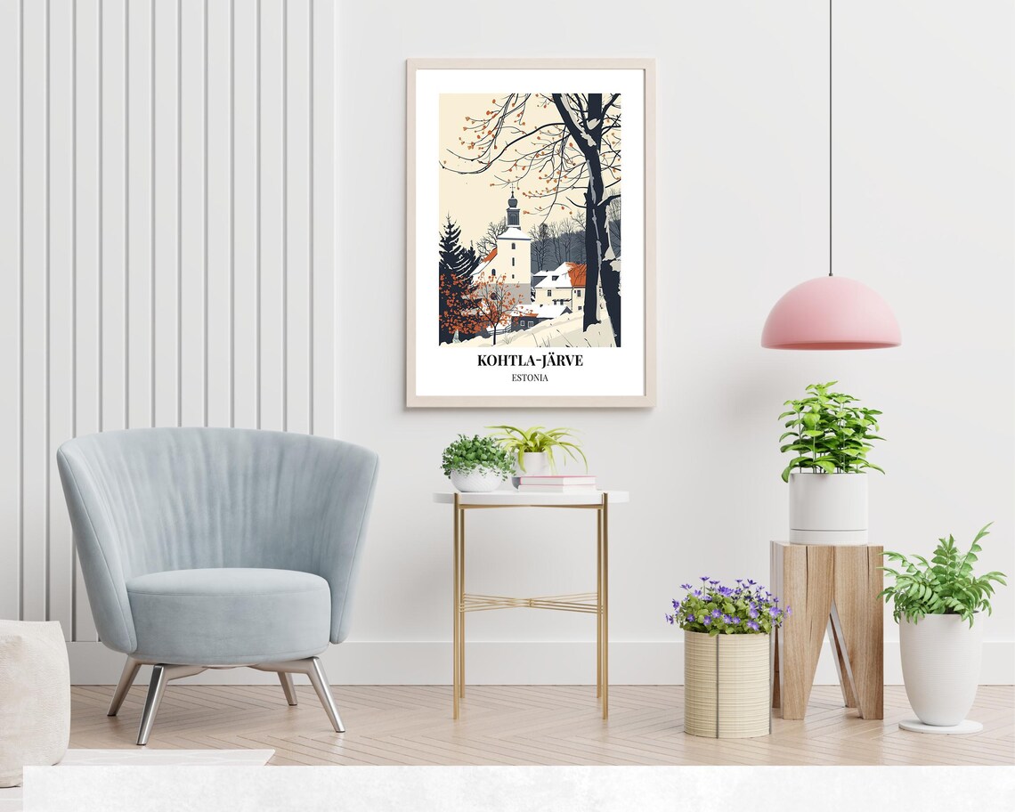 Kohtla-Jarve Estonia Snowy Village Church Winter Scene Poster - Image 2
