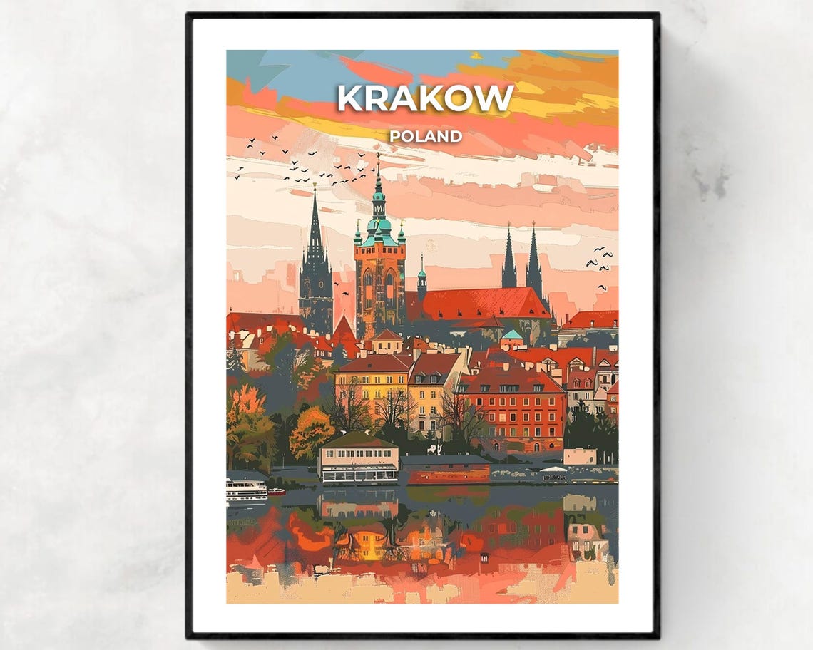Krakow Poland Old Town Skyline Reflected In The River Poster