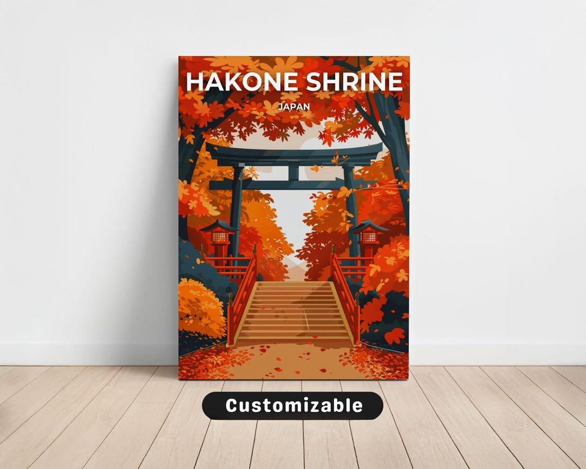 Hakone Shrine Japan Travel Poster Autumn Maple Torii Gate Steps Scene