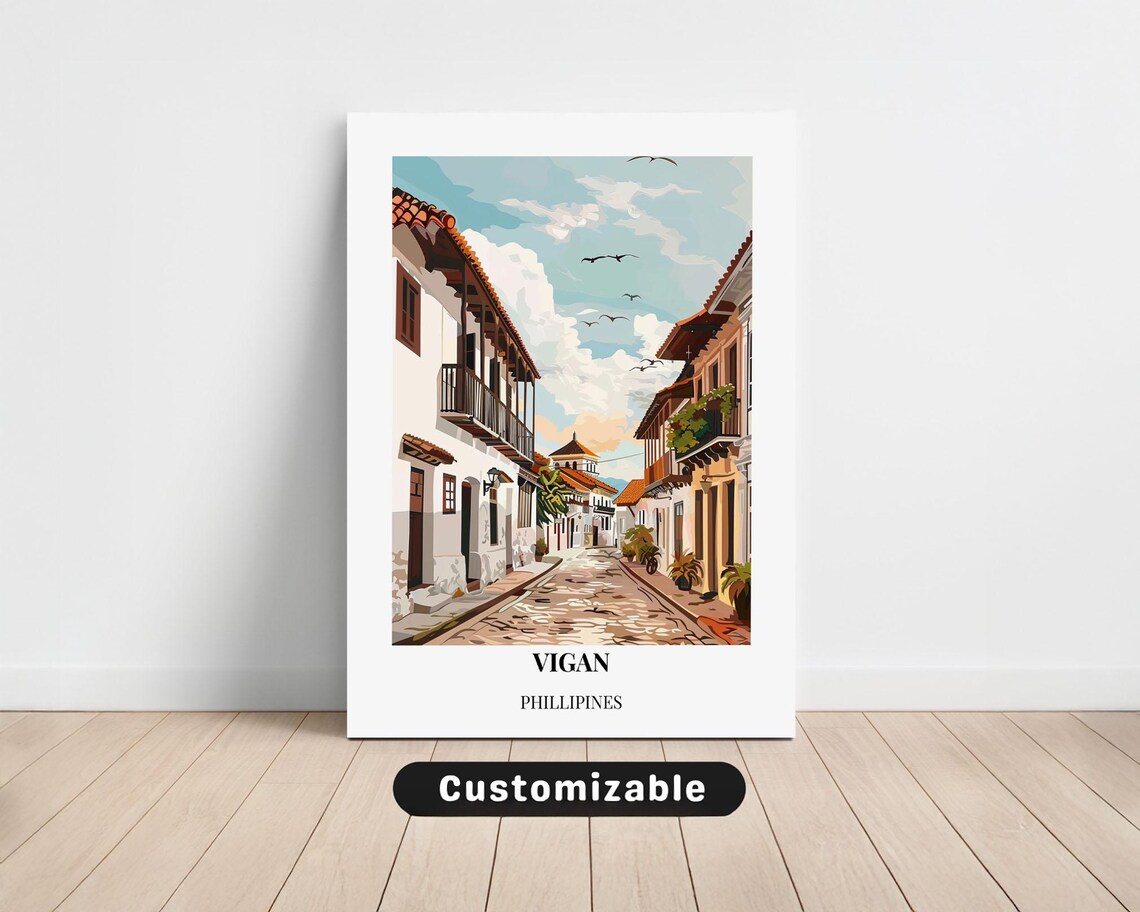 Vigan Philippines Colonial Street White Balcony Houses Travel Poster