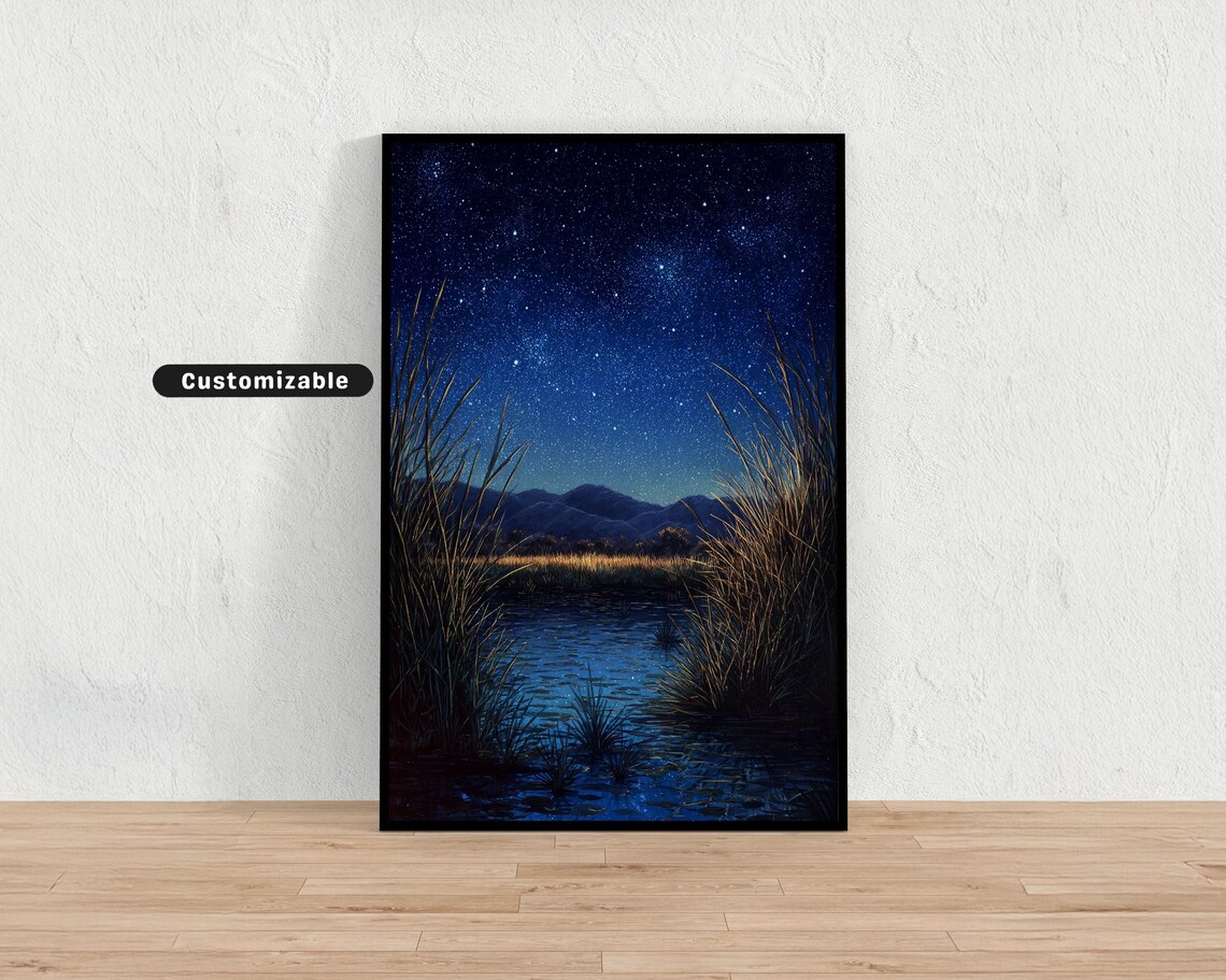 Starry Night Rice Paddies Moonlit Japanese Landscape Art Print
