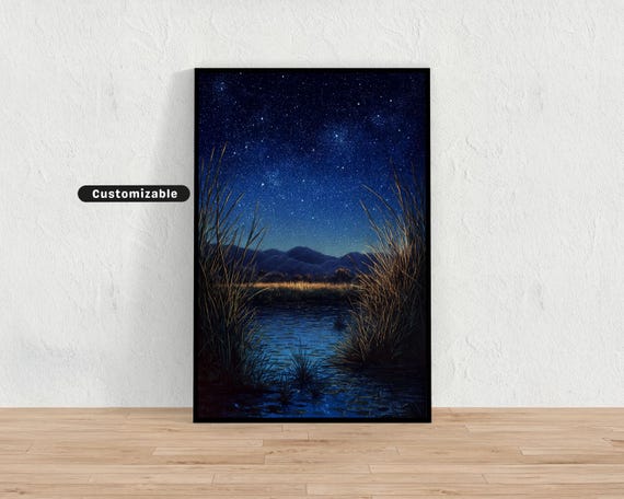 Night Stars Above Peaceful Rice Paddies And Reeds Japanese Wall Art Print Zen Asian Decor