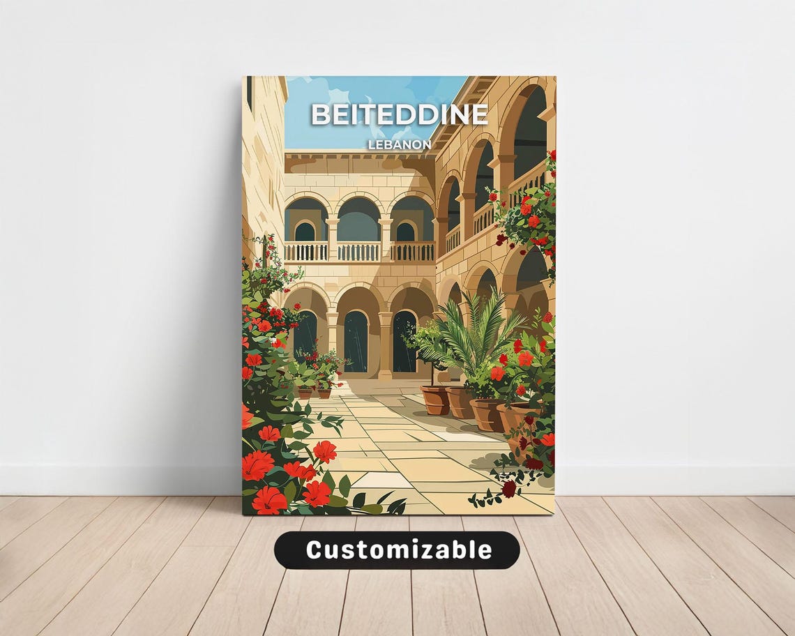Beiteddine Palace Courtyard Travel Poster with Arches and Red Flowers