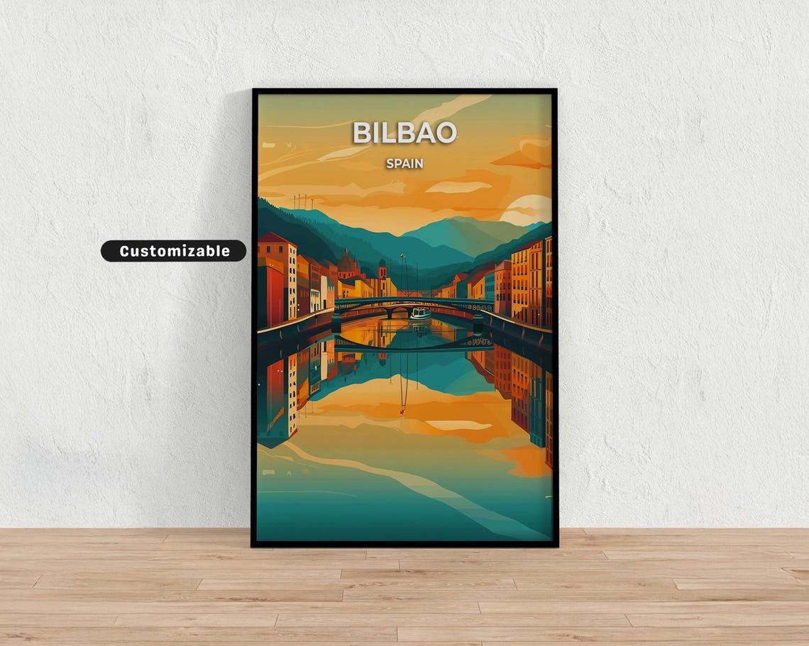 Bilbao Spain Travel Poster River Bridge Sunset Vintage Art Scene