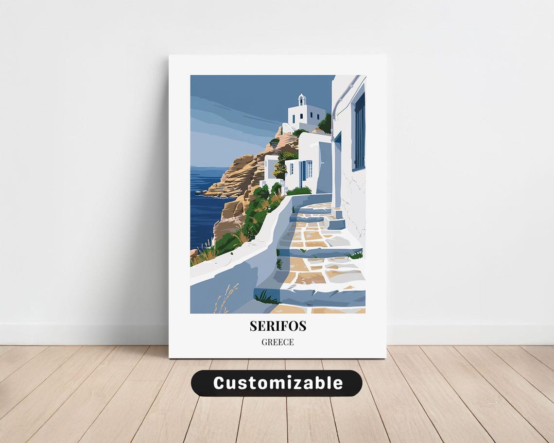 Serifos Greece Vintage Travel Poster Whitewashed Village Cliff Steps