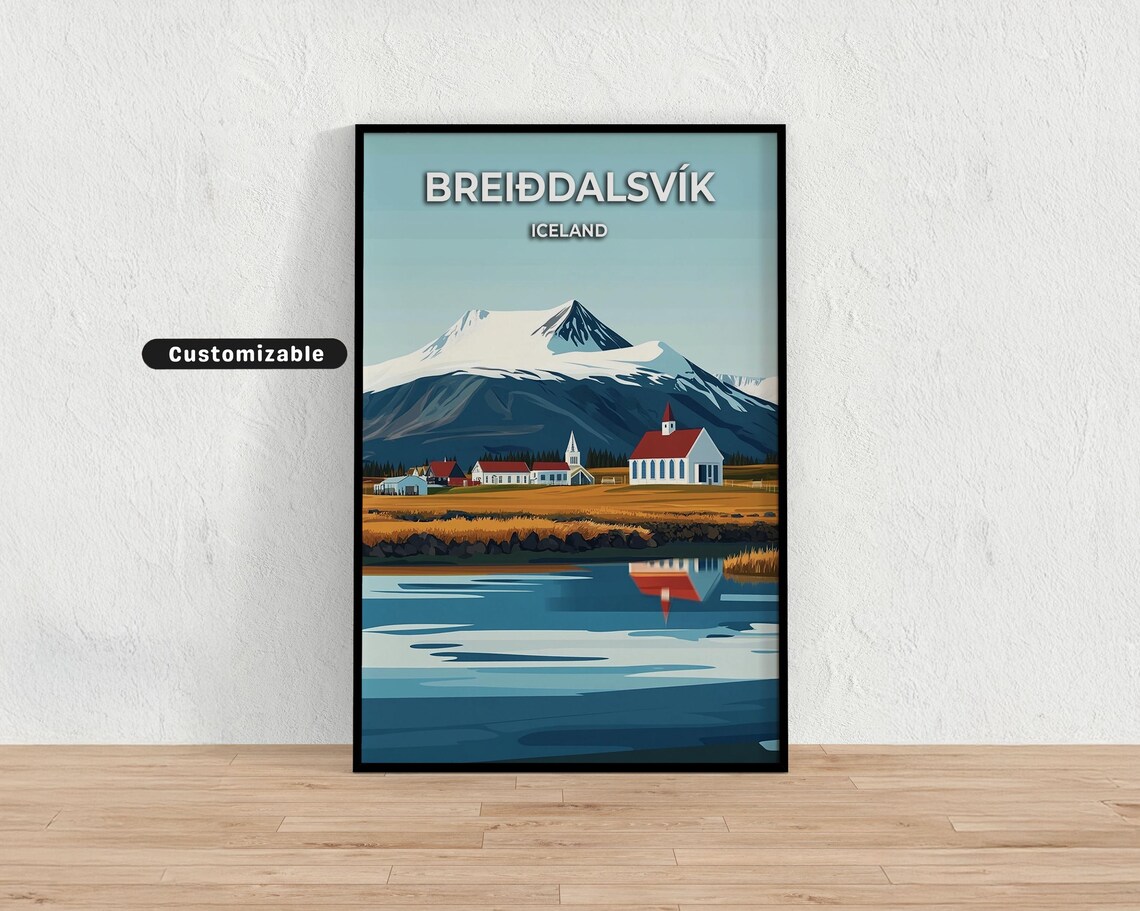 Breidalsvik Iceland Church Mountain Lake Reflection Travel Poster
