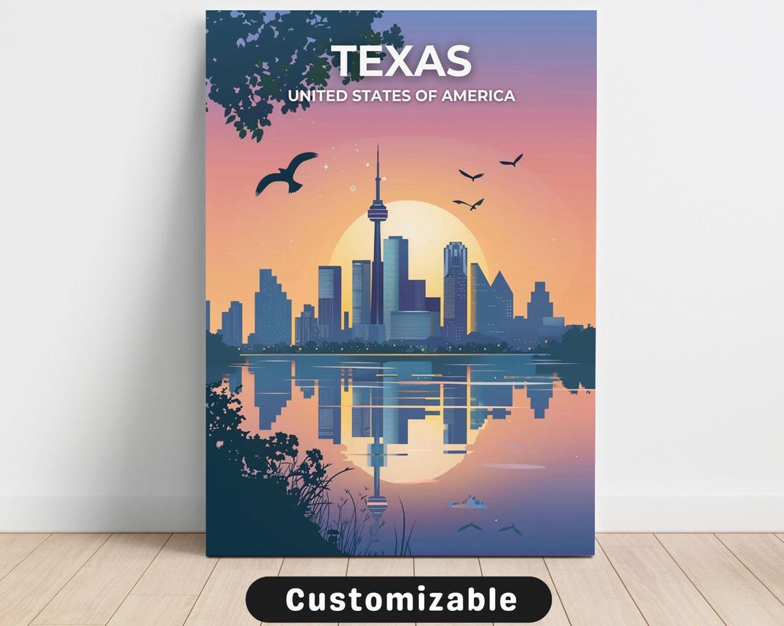 Texas Sunset Skyline Lake Reflection Birds Retro Travel Poster