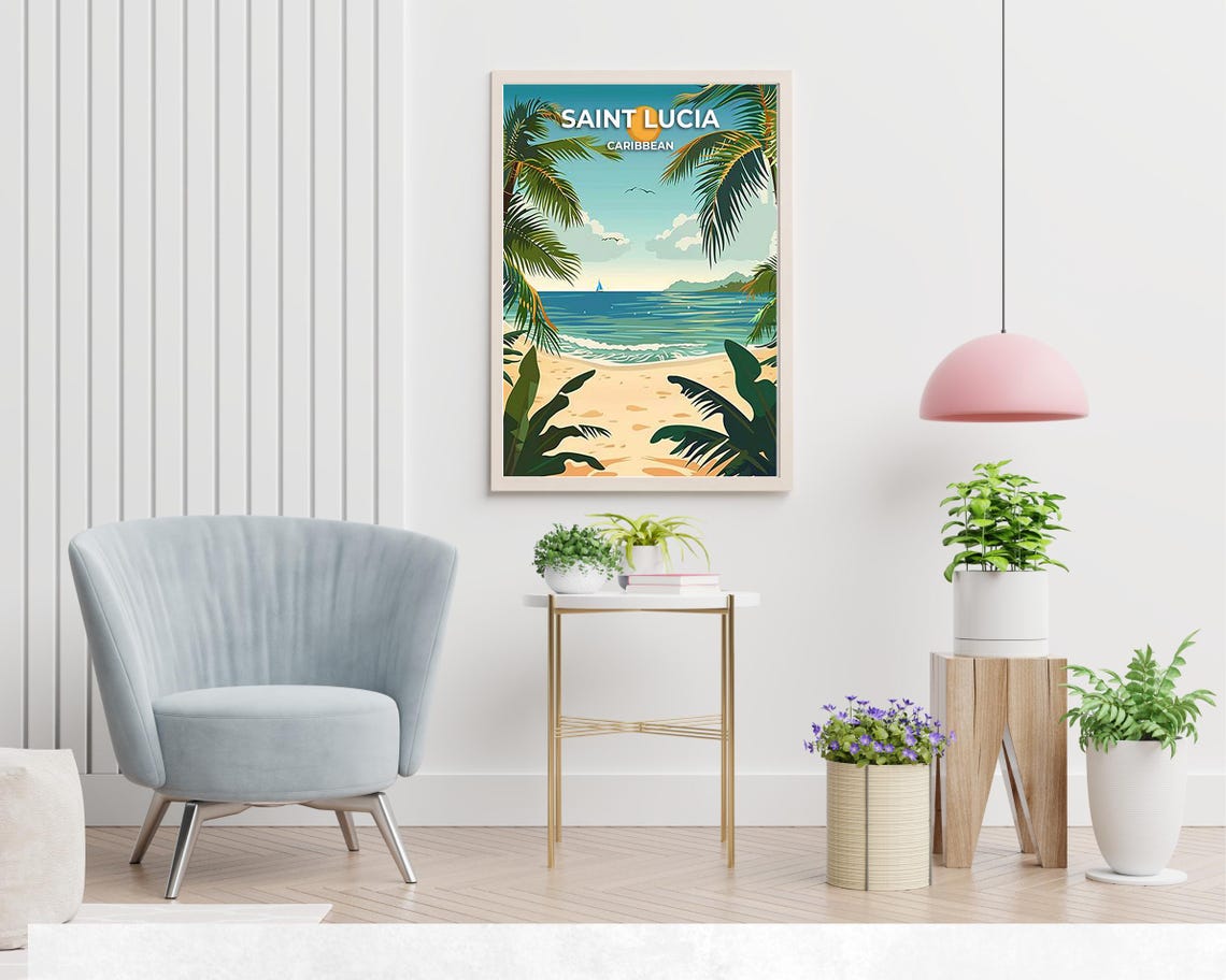 Saint Lucia Caribbean Sunset Beach Poster with Sailboat and Palms - Image 2