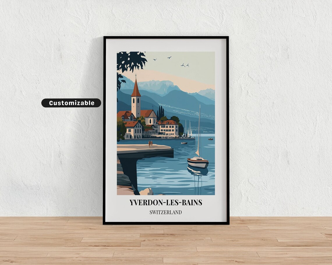 Yverdon les Bains Switzerland Lakeside Church Vintage Travel Poster
