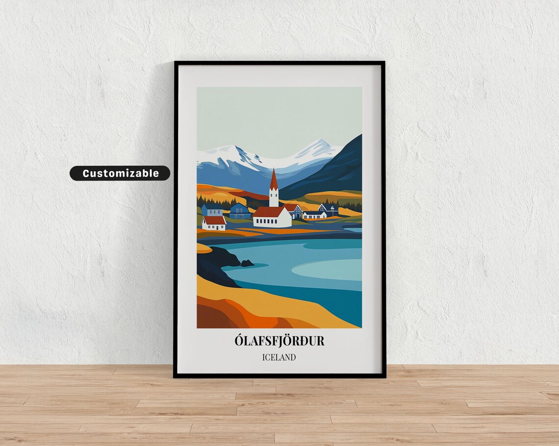 Olafsfjordur Iceland Fjord Village Church Colorful Travel Poster