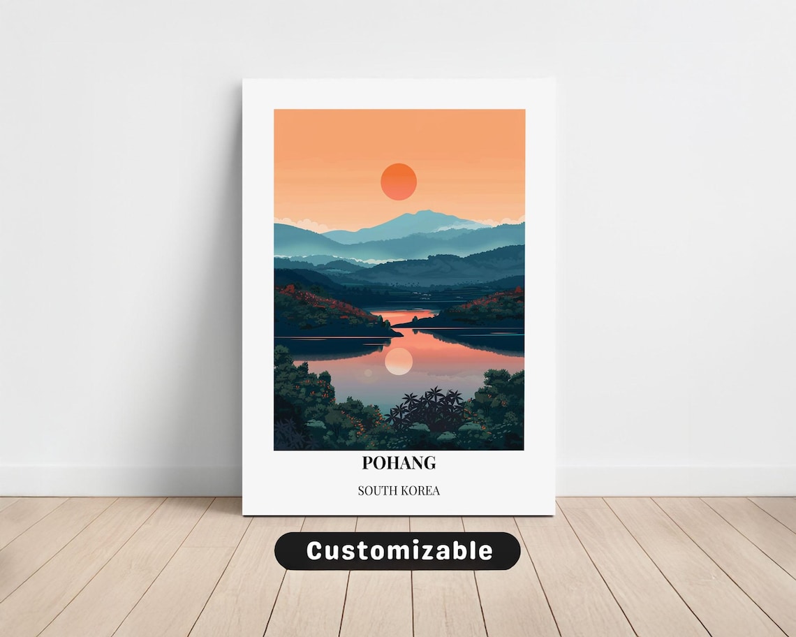 Pohang South Korea Sunset Lake Mountains Reflection Travel Poster