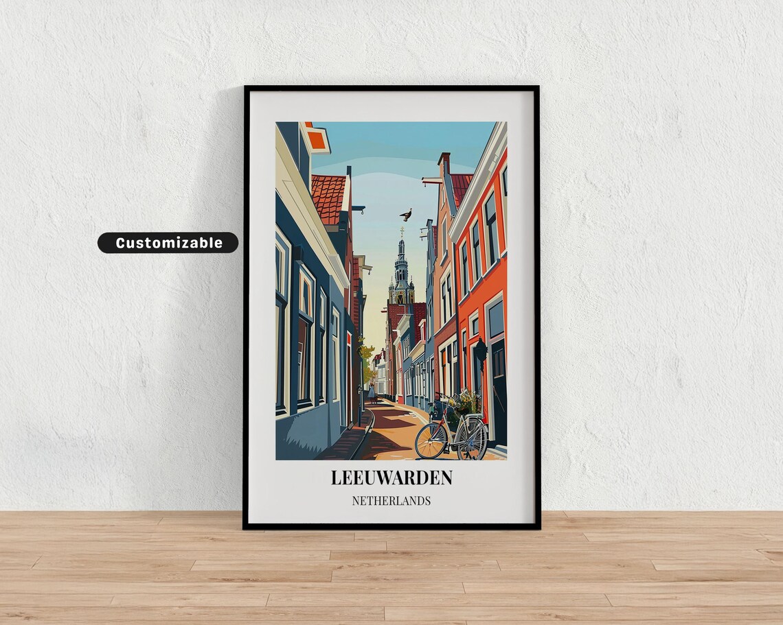 Leeuwarden Netherlands Canal Street Bicycles Vintage Travel Poster