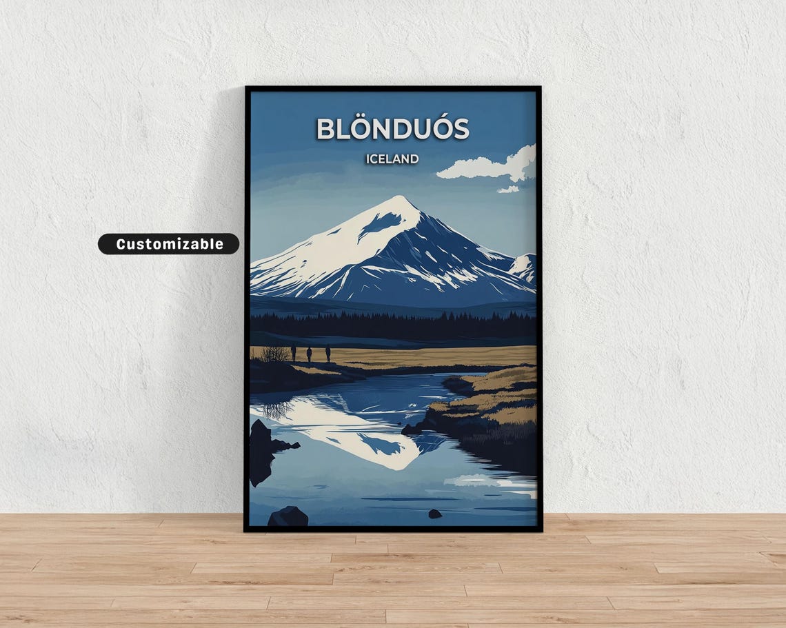 Blönduós Iceland Snow Mountain Reflection Vintage Travel Poster