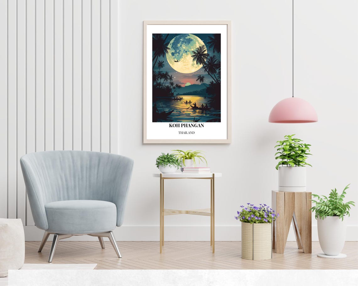 Koh Phangan Thailand Giant Full Moon Canoes Silhouette Poster - Image 2