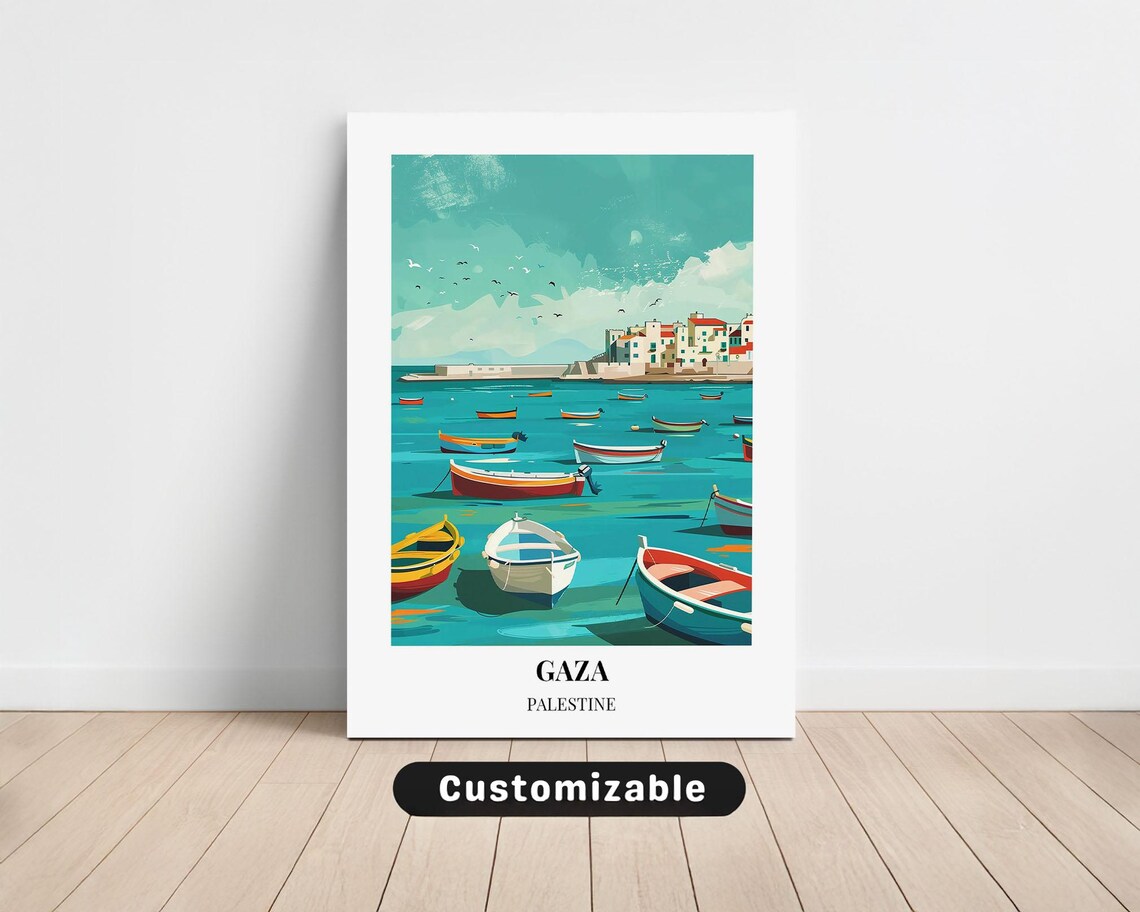 Gaza Palestine Colorful Boats Turquoise Bay Coastal Scene Poster