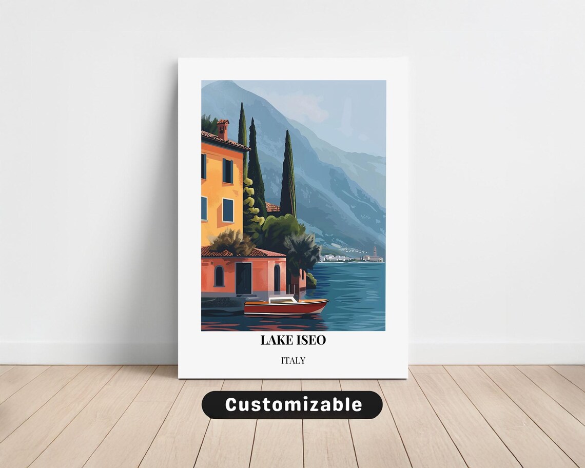 Lake Iseo Italy Lakeside Villa Cypress Trees Boat Travel Poster
