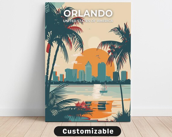 Orlando Skyline Palms Sunset Lake Colorful Vintage Travel Poster