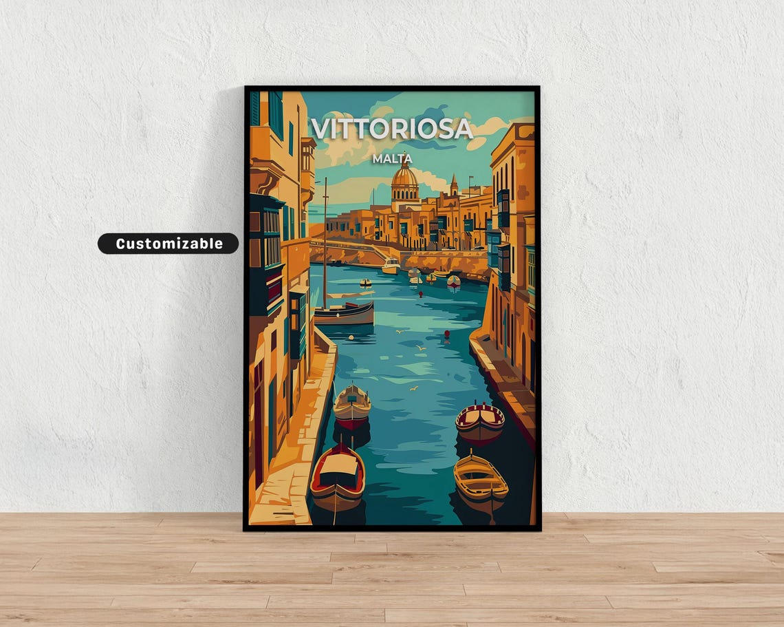 Vittoriosa Malta Harbor Travel Poster Old Waterfront Boats Art