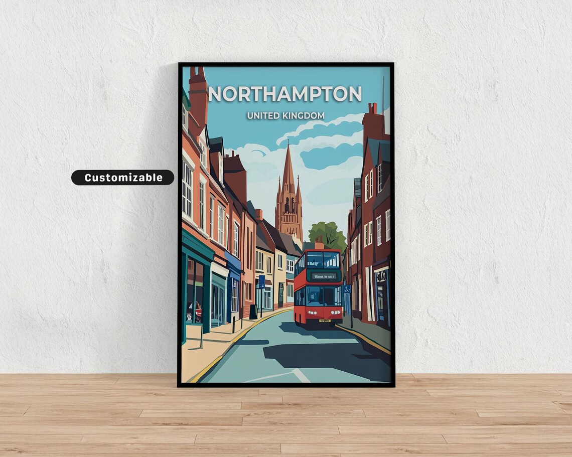 Northampton United Kingdom Red Bus Church Spire City Travel Poster
