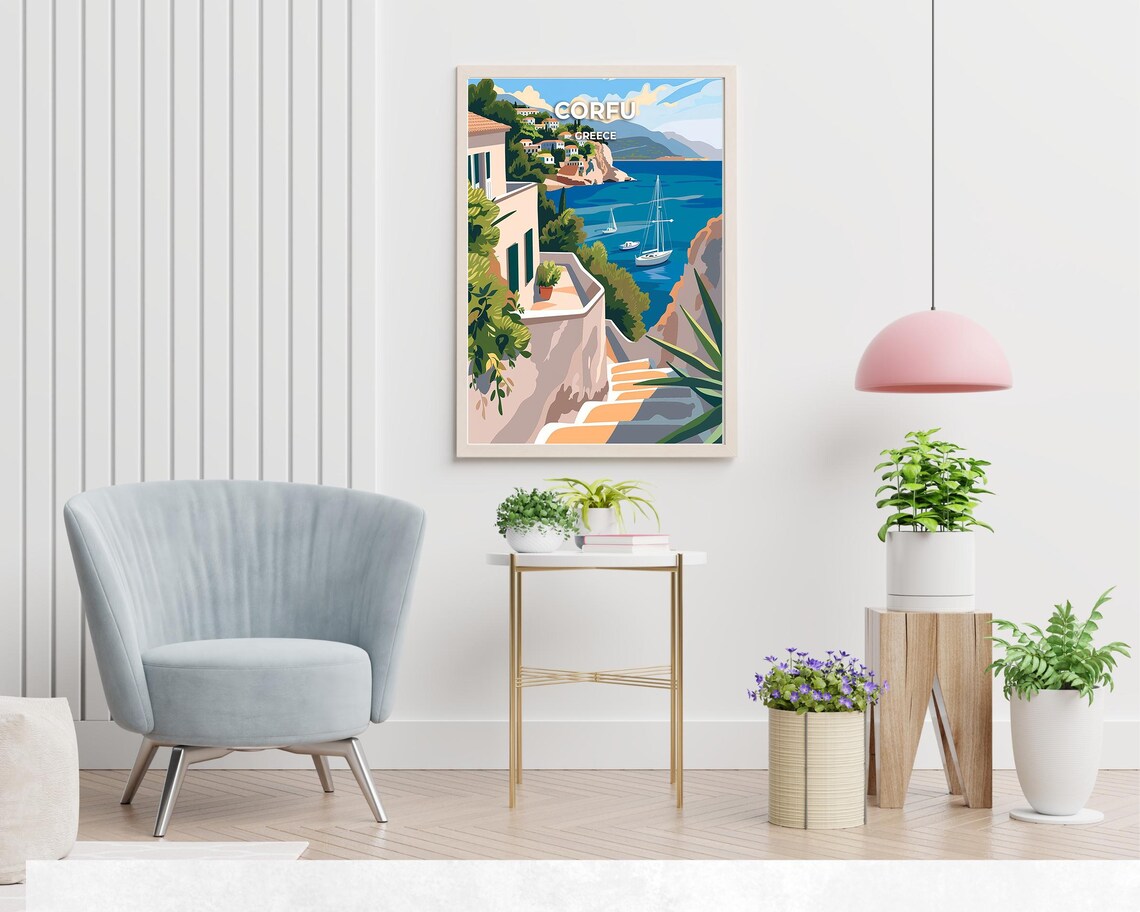 Corfu Greece Seaside Village Sailboats Ionian Coast Travel Poster - Image 2